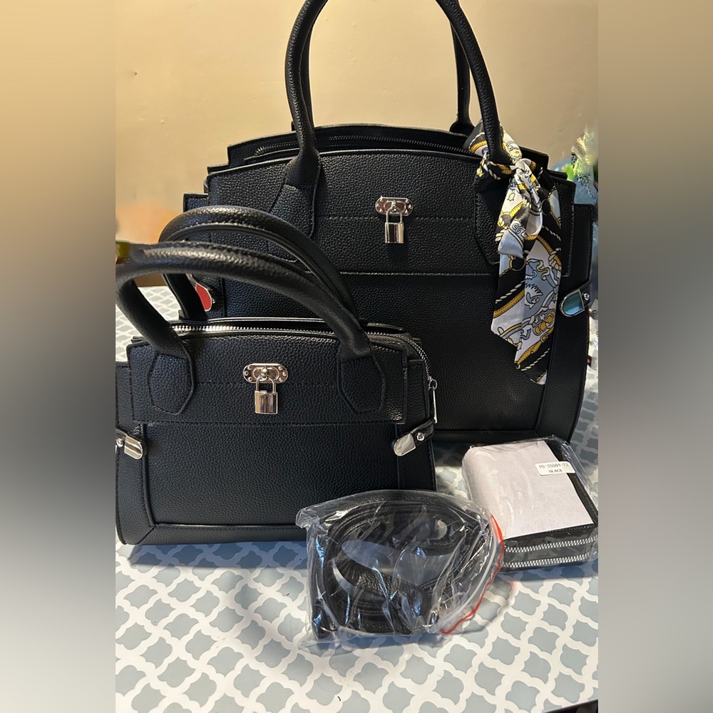 Sophisticated Black Satchel Three-Piece Set with Gold Hardware